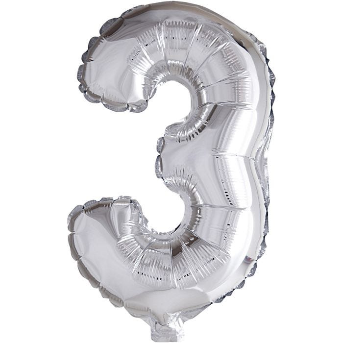 Folieballon, 3, 41 cm, sølv, 1 stk.