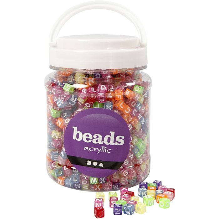 Bogstavperler, str. 7x7x7 mm, hulstr. 3 mm, ass. farver, 450 g, 700 ml/ 1 ds.