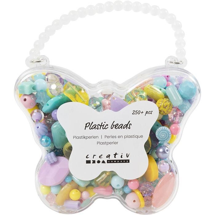 Plastperler, diam. 5-35 mm, hulstr. 1-8 mm, ass. farver, 193 g, 300 ml/ 1 pk.