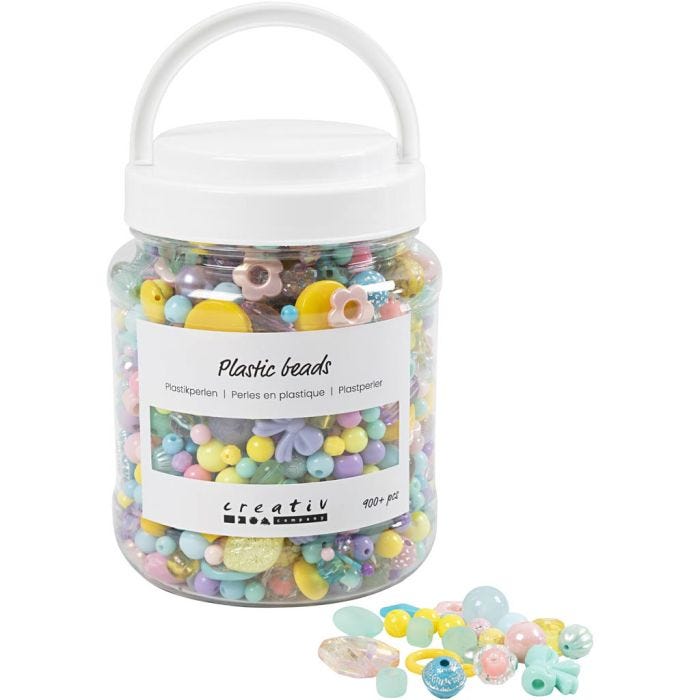 Plastperler, diam. 5-35 mm, hulstr. 1-8 mm, ass. farver, 700 ml/ 1 ds.