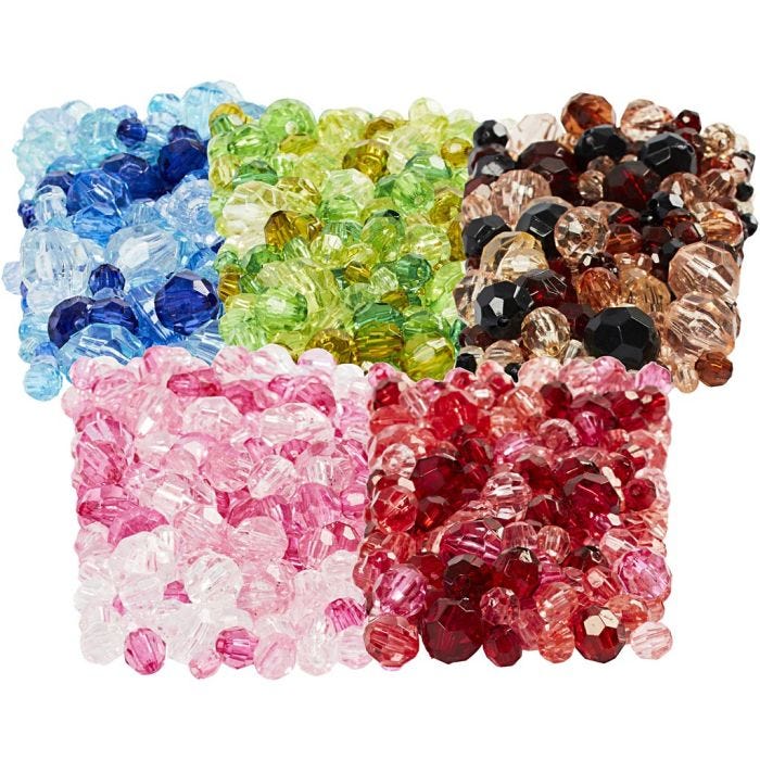 Facetperler, diam. 4-12 mm, hulstr. 1-2,5 mm, ass. farver, 7x250 g/ 1 pk.