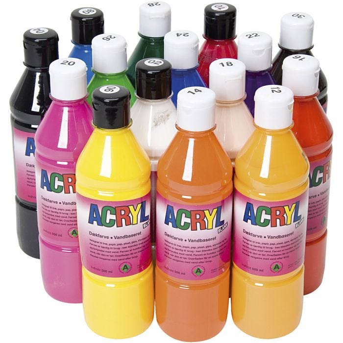 Akrylmaling, ass. farver, 15x500 ml/ 1 pk.