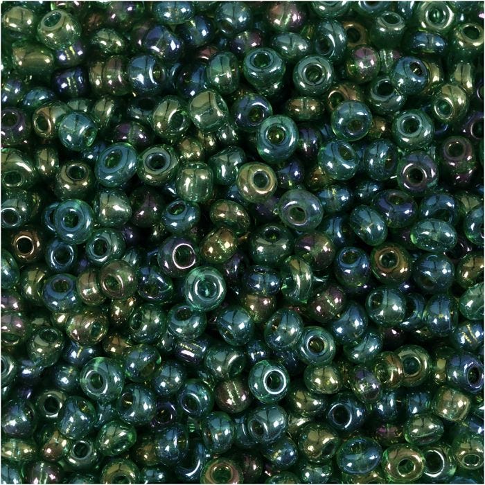 Rocaiperler, diam. 3 mm, str. 8/0, hulstr. 0,6-1,0 mm, grøn olie, 25 g/ 1 pk.