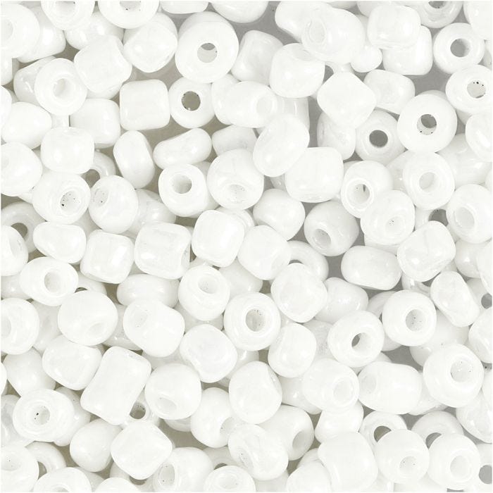 Rocaiperler, diam. 4 mm, str. 6/0, hulstr. 0,9-1,2 mm, hvid perlemor, 25 g/ 1 pk.
