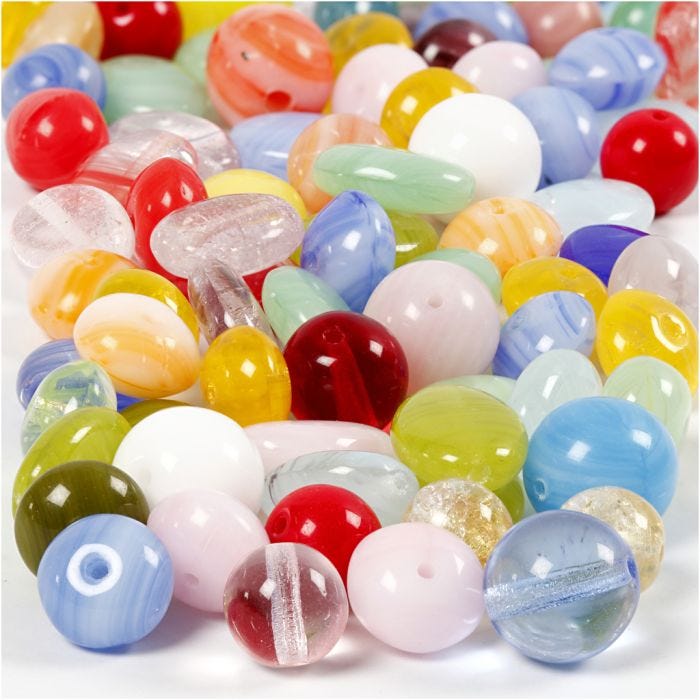 Glasperler, rund, oval, rundflad, 6-13 mm, 0,5-1,5 mm, ass. farver, 60g/ 1 pk.