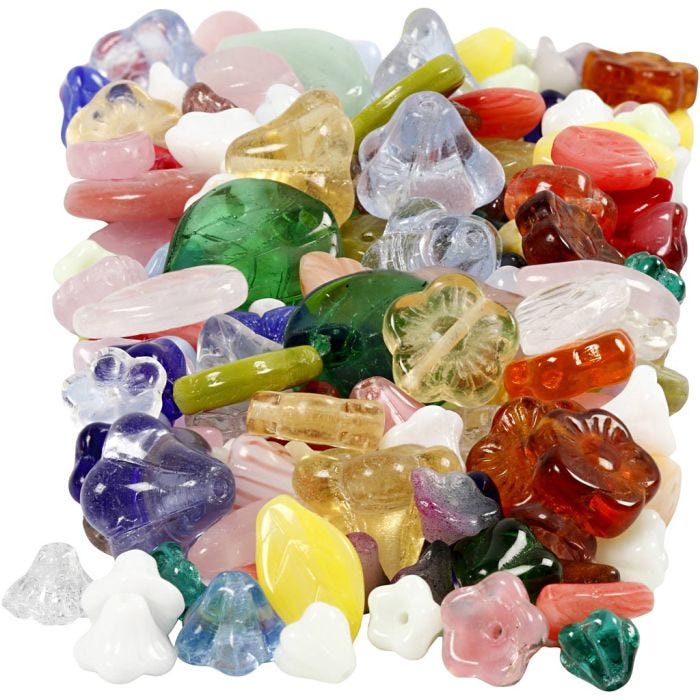 Glasperler, blade, blomster, diam. 6-17 mm, hulstr. 0,5-1,5 mm, ass. farver, 350 g/ 1 pk.