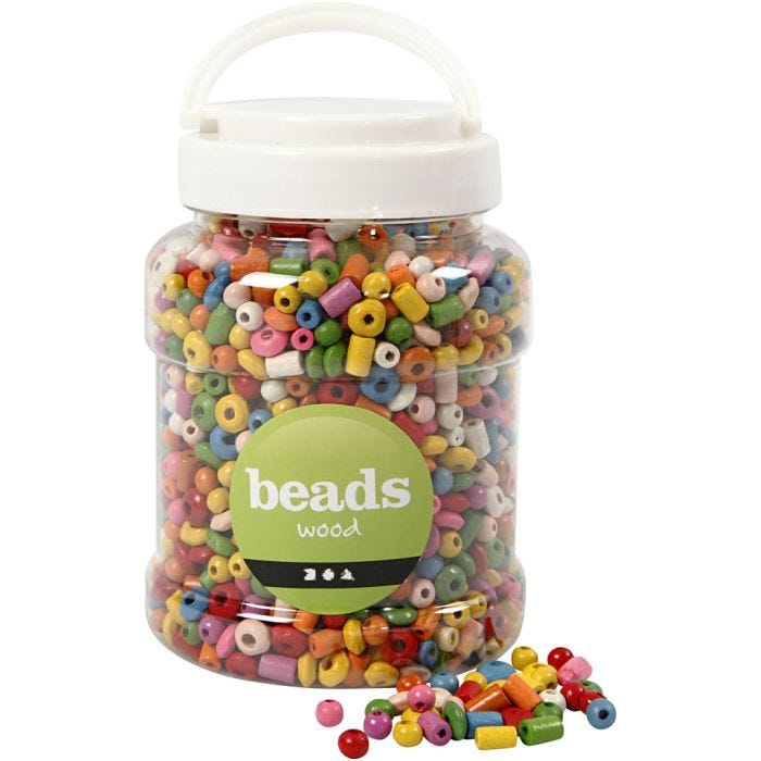 Træperler, diam. 5-8 mm, hulstr. 1,5 mm, ass. farver, 175 g, 400 ml/ 1 spand