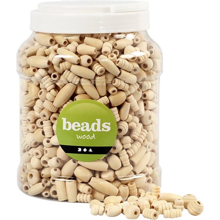 Træperler, rå, diam. 5-28 mm, hulstr. 2,5-3 mm, 850 g, 2 l/ 1 spand