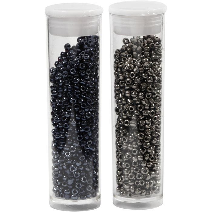 Rocaiperler, diam. 1,7 mm, str. 15/0, hulstr. 0,5-0,8 mm, sort, mørk grå metallic, 2x7 g/ 1 pk.