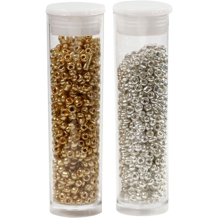 Rocaiperler, diam. 1,7 mm, str. 15/0, hulstr. 0,5-0,8 mm, guld, sølv, 2x7 g/ 1 pk.
