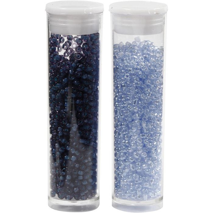 Rocaiperler, diam. 1,7 mm, str. 15/0, hulstr. 0,5-0,8 mm, lyseblå, mørk blå, 2x7 g/ 1 pk.