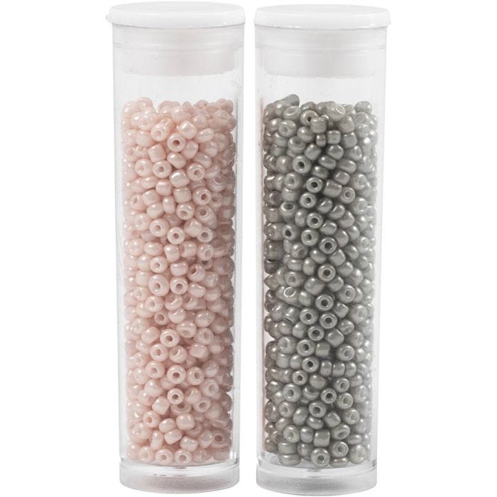 Rocaiperler, diam. 1,7 mm, str. 15/0, hulstr. 0,5-0,8 mm, lys grå, støvet rosa, 2x7 g/ 1 pk.