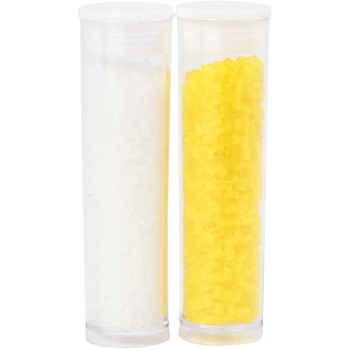 Rocaiperler 2-cut, diam. 1,7 mm, str. 15/0, hulstr. 0,5 mm, hvid, transparent gul, 2x7 g/ 1 pk.