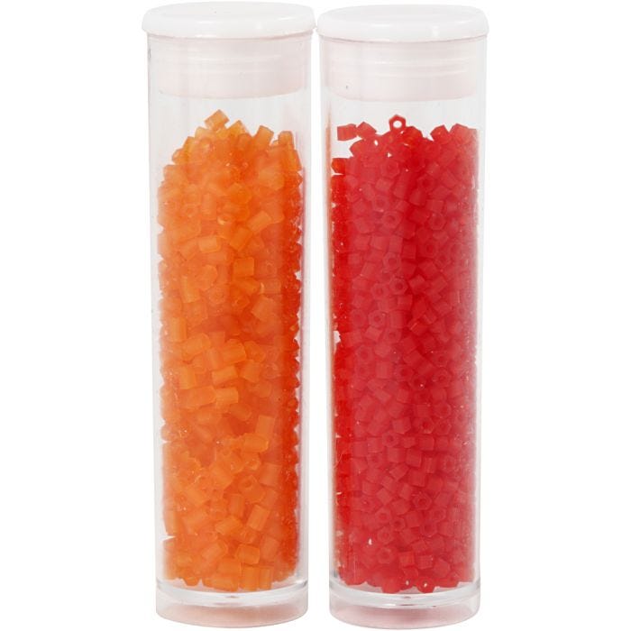 Rocaiperler 2-cut, diam. 1,7 mm, str. 15/0, hulstr. 0,5 mm, transparent orange, transparent rød, 2x7 g/ 1 pk.