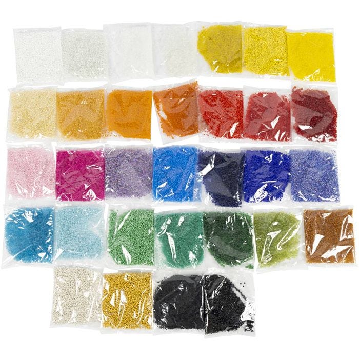 Rocaiperler, diam. 1,7+3+4 mm, str. 6/0+8/0+12/0, hulstr. 0,5-1,2 mm, Farve kan variere, 32x100 g/ 1 pk.
