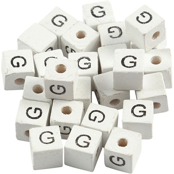 Bogstavperle, G, str. 8x8 mm, hulstr. 3 mm, hvid, 25 stk./ 1 pk.
