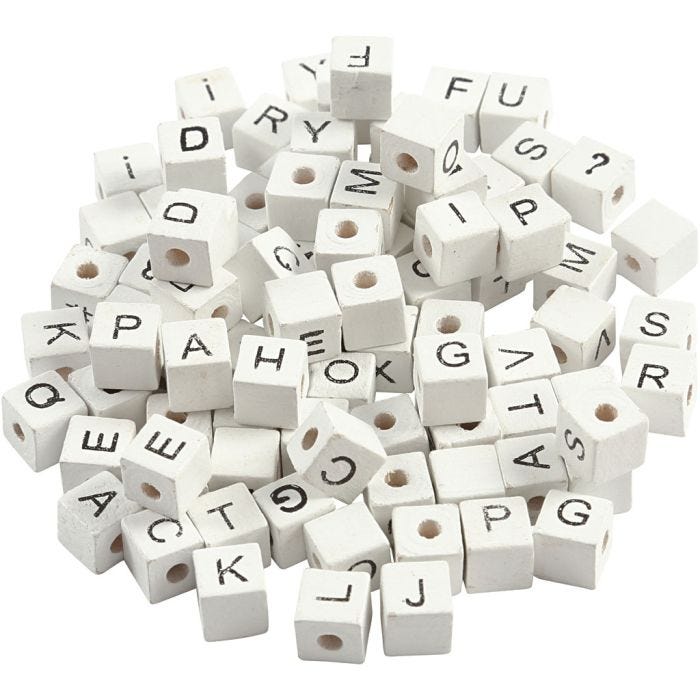 Bogstavperle, A-Z, &, #, ?, str. 8x8 mm, hulstr. 3 mm, hvid, 96 ass./ 1 pk.