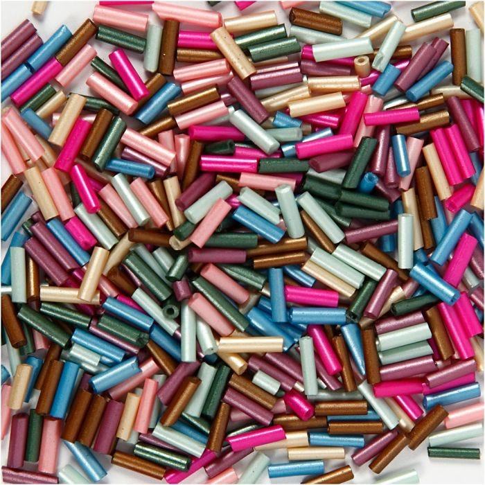 Aflange Glasperler, L: 6 mm, diam. 1,5-2 mm, hulstr. 1 mm, metallicfarver, 130 g/ 1 pk.