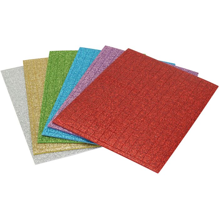 Mosgummi-mosaikker, str. 10x10 mm, tykkelse 2 mm, glitterfarver, 1596 stk., 6 ark/ 1 pk.