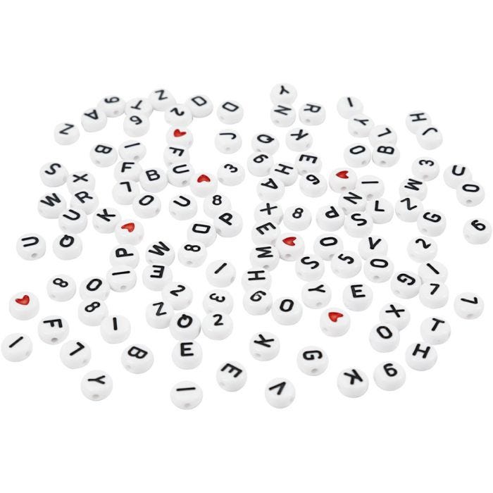 Bogstavperler, str. 7 mm, hulstr. 1,2 mm, hvid, 25 g/ 1 pk.