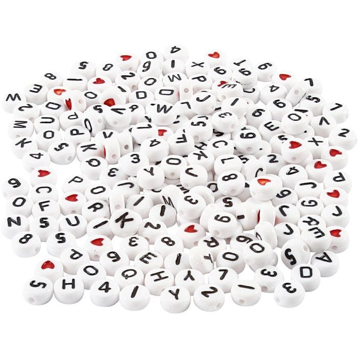 Bogstavperler, str. 7 mm, hulstr. 1,2 mm, hvid, 200 g/ 1 pk.