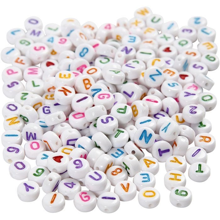 Bogstavperler, str. 7 mm, hulstr. 1,2 mm, hvid, 200 g/ 1 pk.