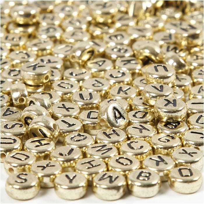 Bogstavperler, diam. 7 mm, hulstr. 1,2 mm, guld, 21 g/ 1 pk.