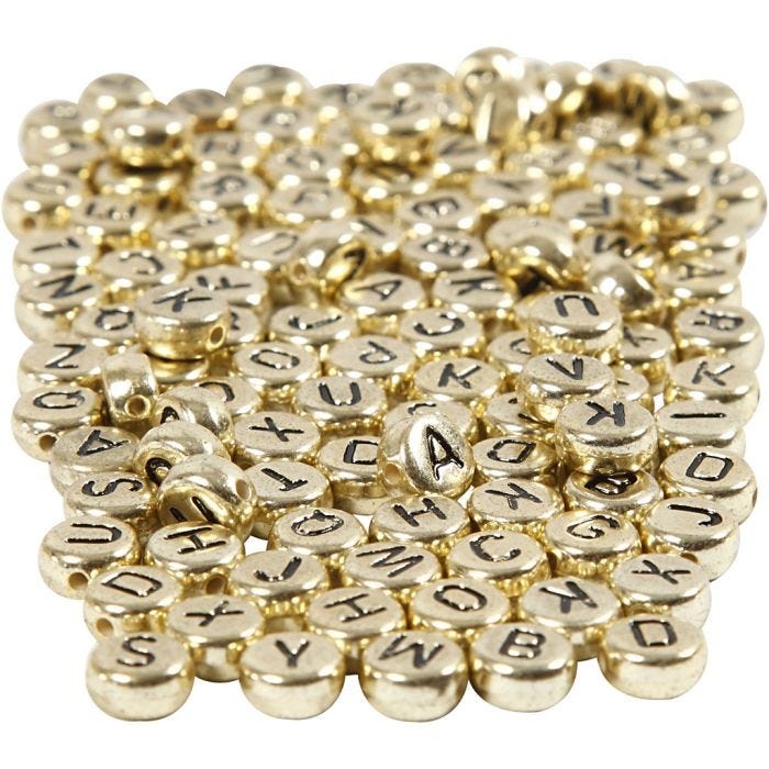 Bogstavperler, diam. 7 mm, hulstr. 1 mm, guld, 165 g/ 1 pk.