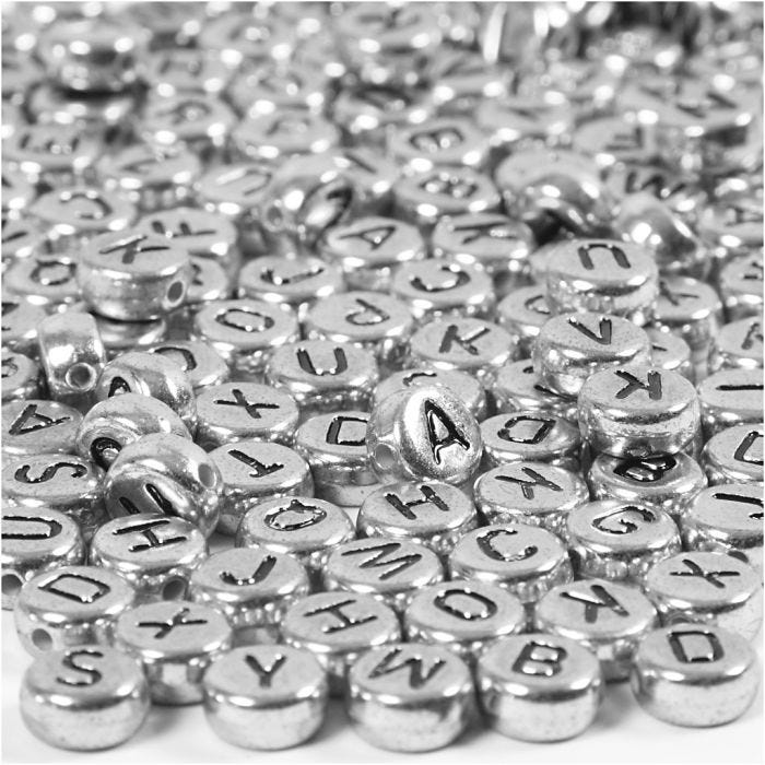 Bogstavperler, diam. 7 mm, hulstr. 1,2 mm, sølv, 21 g/ 1 pk.