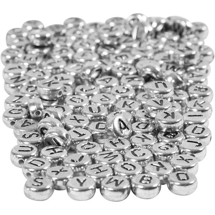 Bogstavperler, diam. 7 mm, hulstr. 1,2 mm, sølv, 165 g/ 1 pk.
