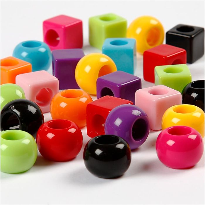 Plastperler, str. 11 mm, hulstr. 7 mm, ca. 750 stk., ass. farver, 1000 g, 1700 ml/ 1 pk.