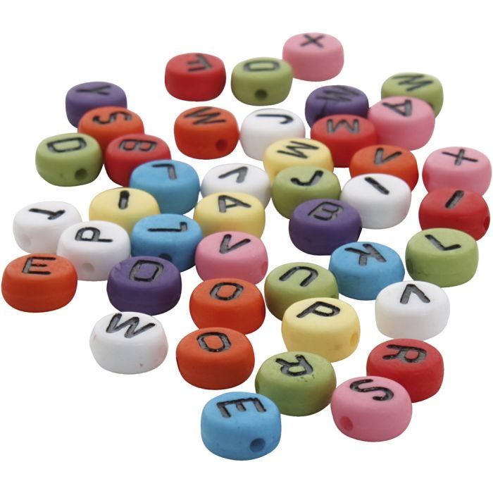 Runde bogstavperler, diam. 7 mm, hulstr. 1-2 mm, tykkelse 4 mm, ass. farver, 500 g/ 1 pk.