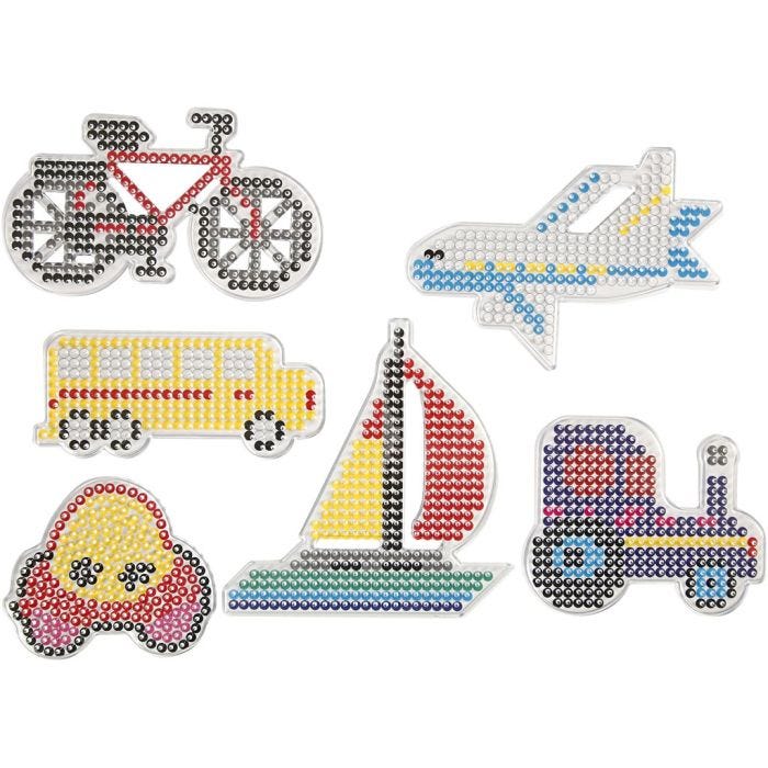Perleplade, bil, fly, båd, traktor, bus og cykel, str. 9x9,5+11x16 cm, medium, 6 stk./ 1 pk.