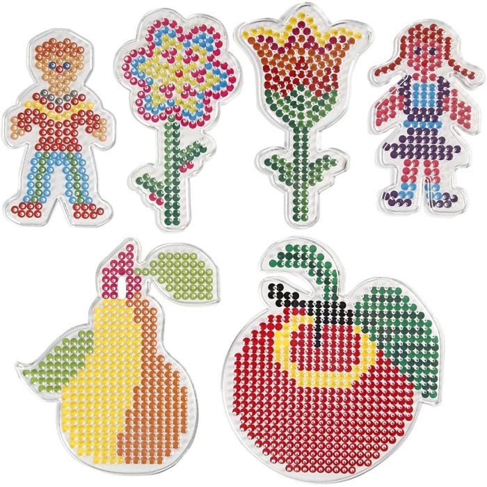 Perleplade, blomster, pige, dreng, æble og pære, str. 8,5x14-14x16 cm, medium, 6 stk./ 1 pk.