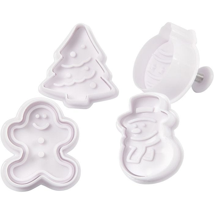 Udstikkere med præg, juletræ, snemand, kagemand, kugle, H: 5 cm, hvid, 4 stk./ 1 pk.
