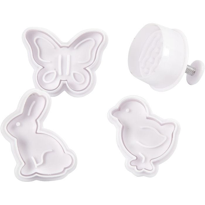 Udstikkere med præg, påskeæg, hare, kylling, sommerfugl, 5 cm, hvid, 4stk./ 1 pk.