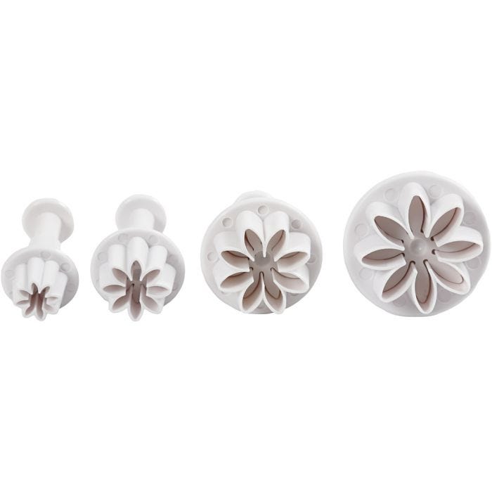 Udstikkere med præg, blomst, diam. 2,3+2,8+3,6+4,4 cm, hvid, 4 stk./ 1 pk.
