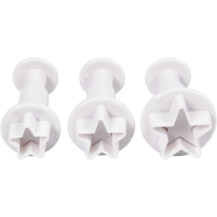 Udstikkere med præg, stjerne, diam. 2,1+2,3+2,6 cm, hvid, 3 stk./ 1 pk.