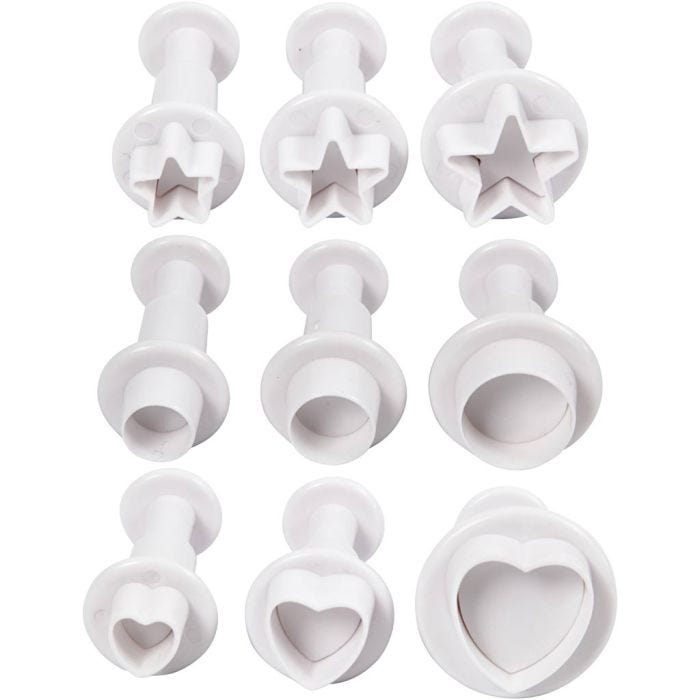 Udstikkere med præg, stjerne, cirkel, hjerte, diam. 1,1-3, hvid, 9 stk./ 1 pk.