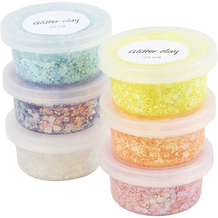 Glitter Clay, pastelfarver, 6x20 ml/ 1 pk.