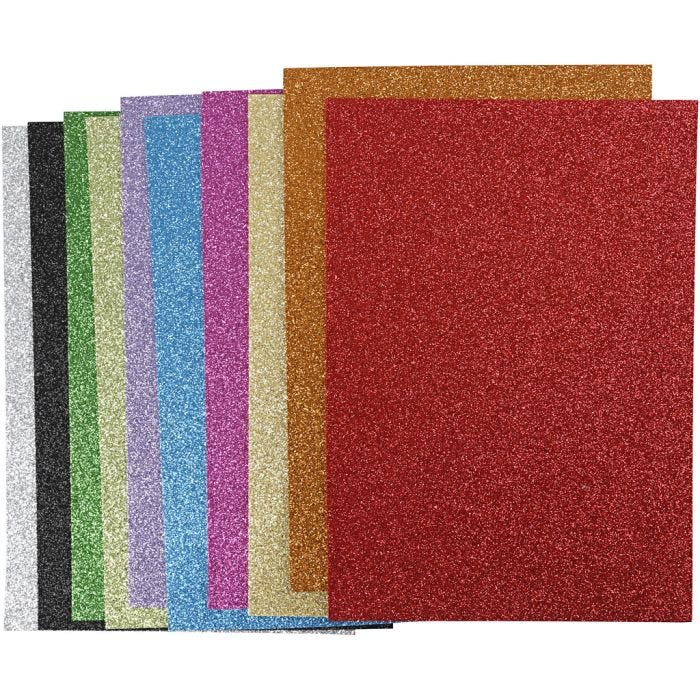 Mosgummi, A4, ark 210x297 mm, tykkelse 2 mm, glitter, ass. farver, 10 ass. ark/ 1 pk.
