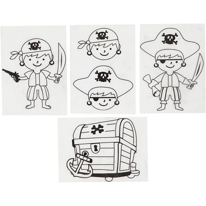 Krympeplast med motiver, pirater, ark 10,5x14,5 cm, tykkelse 0,3 mm, mat transparent, 4 ark/ 1 pk.