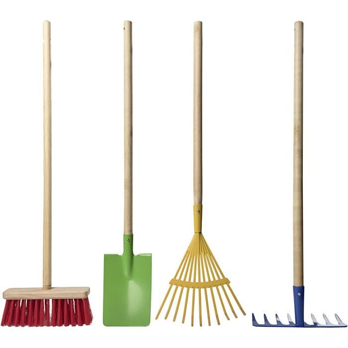 Haveredskaber, Løvrive, spade, rive og kost, L: 70 cm, 4 dele/ 1 pk.