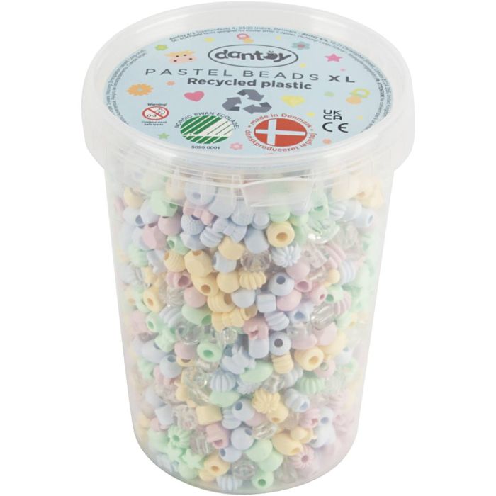 dantoy perler, Genbrugsplast, diam. 5-8 mm, hulstr. 4 mm, ca. 1580 ass., pastelfarver, 720 g/ 1 pk.