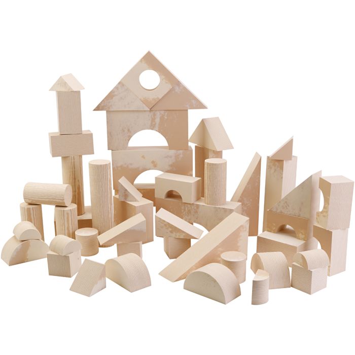 Store Wood-look klodser, Ass. størrelser og former. , str. 7x7-30x15 cm, 96 dele/ 1 pk.