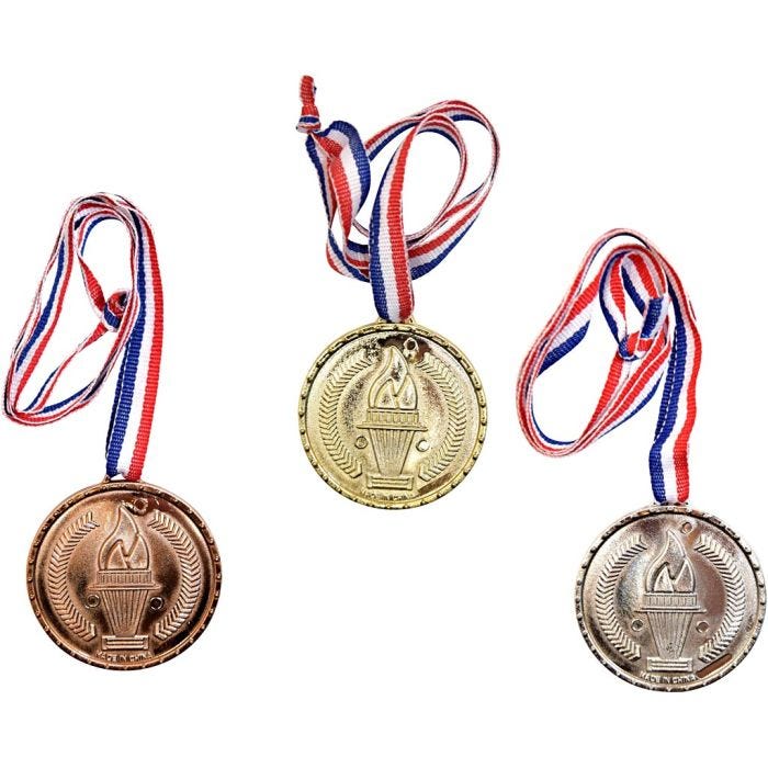 Medaljer, L: 40 cm, diam. 5 cm, bronze, guld, sølv, 3stk./ 1 pk.