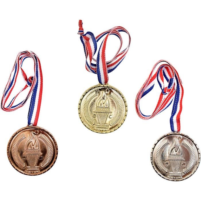 Medaljer, L: 40 cm, diam. 5 cm, bronze, guld, sølv, 12stk./ 1 pk.