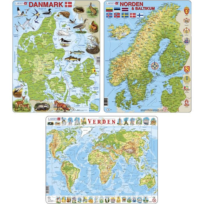 Puslespil, Danmark, Norden, Verden, 66-80 brikker, 3 stk./ 1 pk.