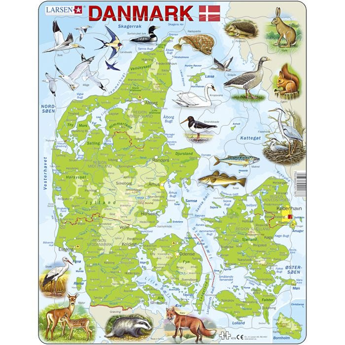 Puslespil Danmark, Norden og Verden, Danmark, str. 28,5x36,5 cm, 66 brikker, 1 stk.