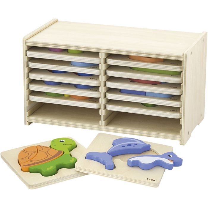 VIGA Puslespilsreol med 12 Blokpuslespil, H: 17,5 cm, L: 31,5, B: 16 cm, 2 brikker, 12 dele/ 1 sæt